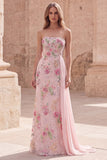 Strapless Pink Mermaid Beaded Floral Long Formal Dress with Sash