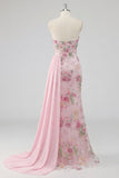 Strapless Pink Mermaid Beaded Floral Long Formal Dress with Sash