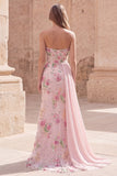 Strapless Pink Mermaid Beaded Floral Long Formal Dress with Sash