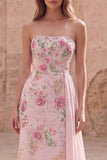 Strapless Pink Mermaid Beaded Floral Long Formal Dress with Sash