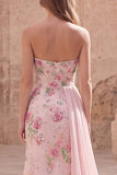 Strapless Pink Mermaid Beaded Floral Long Formal Dress with Sash
