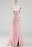 Strapless Pink A-Line Beaded Floral Long Formal Dress with Slit