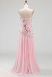 Strapless Pink A-Line Beaded Floral Long Formal Dress with Slit