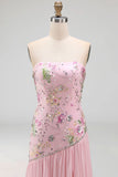 Strapless Pink A-Line Beaded Floral Long Formal Dress with Slit