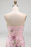 Strapless Pink A-Line Beaded Floral Long Formal Dress with Slit