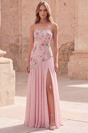 Strapless Pink A-Line Beaded Floral Long Formal Dress with Slit