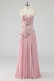 Strapless Pink A-Line Beaded Floral Long Formal Dress with Slit
