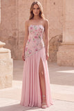 Strapless Pink A-Line Beaded Floral Long Formal Dress with Slit