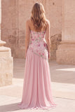 Strapless Pink A-Line Beaded Floral Long Formal Dress with Slit