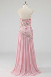 Strapless Pink A-Line Beaded Floral Long Formal Dress with Slit
