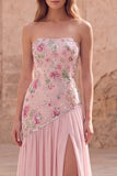 Strapless Pink A-Line Beaded Floral Long Formal Dress with Slit
