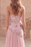 Strapless Pink A-Line Beaded Floral Long Formal Dress with Slit