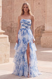 White Blue Flower Strapless A-Line Tiered Ruffled Long Formal Dress with Slit