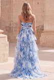 White Blue Flower Strapless A-Line Tiered Ruffled Long Formal Dress with Slit