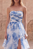 White Blue Flower Strapless A-Line Tiered Ruffled Long Formal Dress with Slit