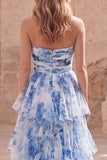 White Blue Flower Strapless A-Line Tiered Ruffled Long Formal Dress with Slit