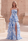 Strapless A-Line White Blue Flower Tiered Ruched Long Formal Dress with Slit
