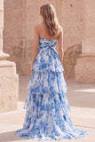 Strapless A-Line White Blue Flower Tiered Ruched Long Formal Dress with Slit