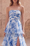 Strapless A-Line White Blue Flower Tiered Ruched Long Formal Dress with Slit