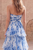 Strapless A-Line White Blue Flower Tiered Ruched Long Formal Dress with Slit