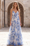 A-Line White Blue Flower Chiffon Spaghetti Straps Long Formal Dress