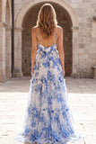 A-Line White Blue Flower Chiffon Spaghetti Straps Long Formal Dress