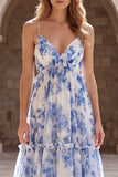 A-Line White Blue Flower Chiffon Spaghetti Straps Long Formal Dress
