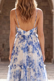 A-Line White Blue Flower Chiffon Spaghetti Straps Long Formal Dress