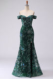Sparkly Mermaid Dark Green Off the Shoulder Sequins Long Formal Dress
