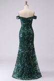 Sparkly Mermaid Dark Green Off the Shoulder Sequins Long Formal Dress