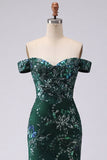 Sparkly Mermaid Dark Green Off the Shoulder Sequins Long Formal Dress
