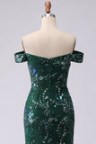Sparkly Mermaid Dark Green Off the Shoulder Sequins Long Formal Dress