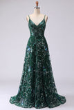 Sparkly A-Line Dark Green Spaghetti Straps Sequins Long Formal Dress