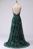 Sparkly A-Line Dark Green Spaghetti Straps Sequins Long Formal Dress