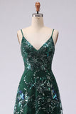 Sparkly A-Line Dark Green Spaghetti Straps Sequins Long Formal Dress