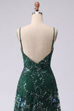 Sparkly A-Line Dark Green Spaghetti Straps Sequins Long Formal Dress