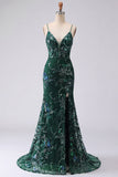 Sparkly Dark Green Mermaid Spaghetti Straps Sequins Long Formal Dress with Slit