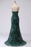 Sparkly Dark Green Mermaid Spaghetti Straps Sequins Long Formal Dress with Slit