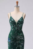 Sparkly Dark Green Mermaid Spaghetti Straps Sequins Long Formal Dress with Slit