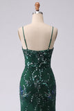 Sparkly Dark Green Mermaid Spaghetti Straps Sequins Long Formal Dress with Slit