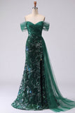 Sparkly Off the Shoulder Dark Green Mermaid Sequins Long Formal Dress with Slit