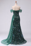 Sparkly Off the Shoulder Dark Green Mermaid Sequins Long Formal Dress with Slit