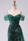 Sparkly Off the Shoulder Dark Green Mermaid Sequins Long Formal Dress with Slit