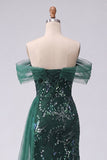 Sparkly Off the Shoulder Dark Green Mermaid Sequins Long Formal Dress with Slit