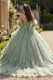 Dusty Sage Off The Shoulder Floral Corset Tulle Quinceanera Dress