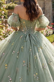 Dusty Sage Off The Shoulder Floral Corset Tulle Quinceanera Dress