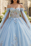 Off The Shoulder Sky Blue Ball Gown Quinceanera Dress with 3D Flowers