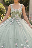Square Neck Dusty Sage Floral Appliqued Quinceanera Dress