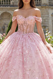 Pink Off the Shoulder Corset Appliqued Ball Gown Quinceanera Dress