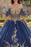 Off The Shoulder Navy Ball Gown Quinceanera Dress with Appliques